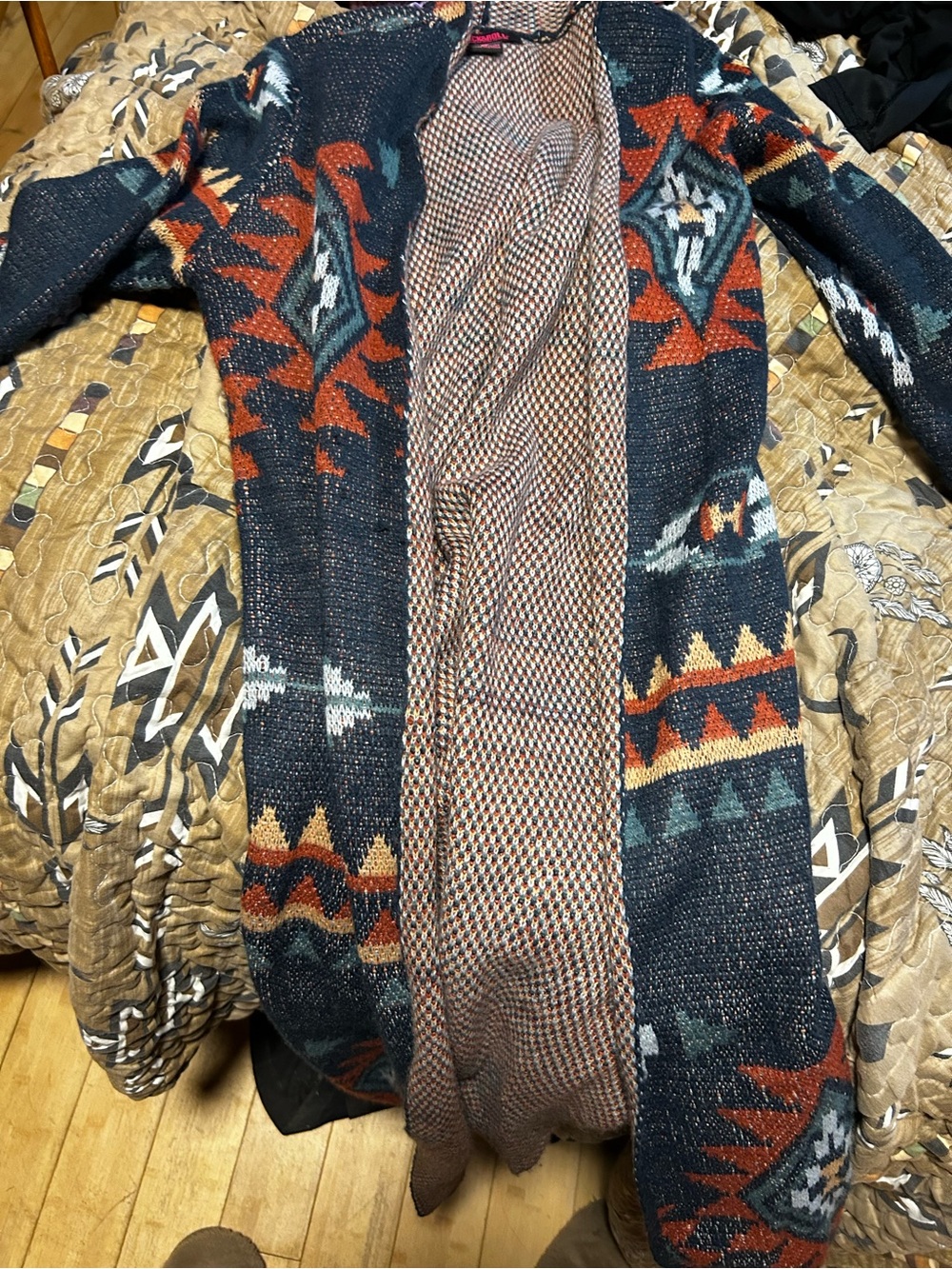 Open-Front Aztec Long Cardigan Sweater - Black & Rust